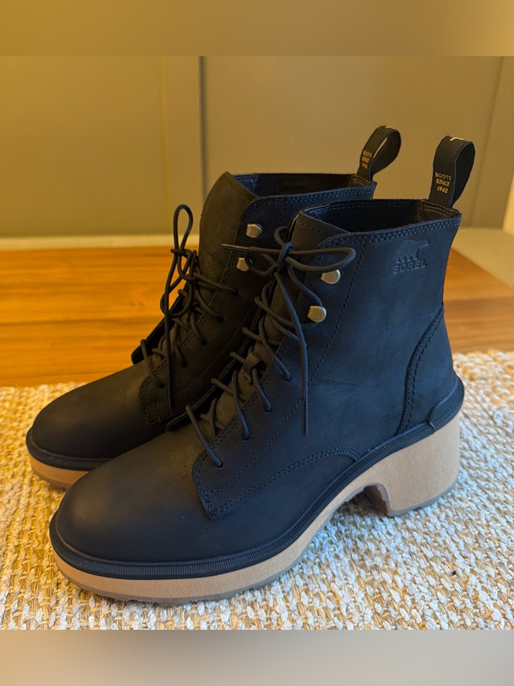 Sorel Black Lace-Up Platform Heel Boots with Tan Sole
